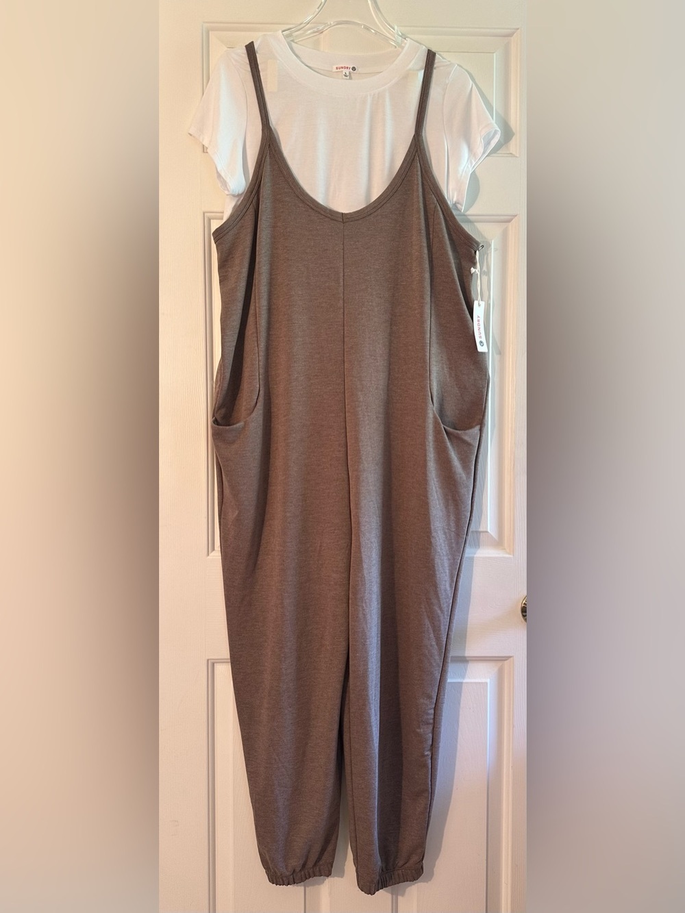 ANTHROPOLOGIE Lrg Utility Boho 2pc Mocha Jogger Jumpsuit Matching Tee Sweatpants